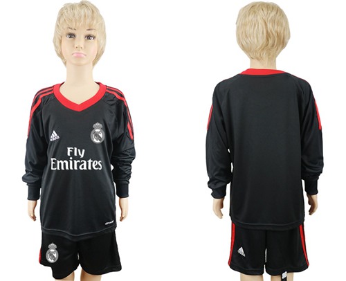 Real Madrid Blank Black Goalkeeper Long Sleeves Kid Soccer Club Jersey - Click Image to Close